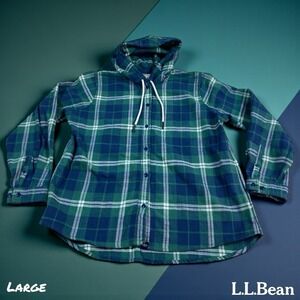 LL Bean Full Button Flannel Jacket Womens LARGE Green Relaxed Fit Hooded Shacket